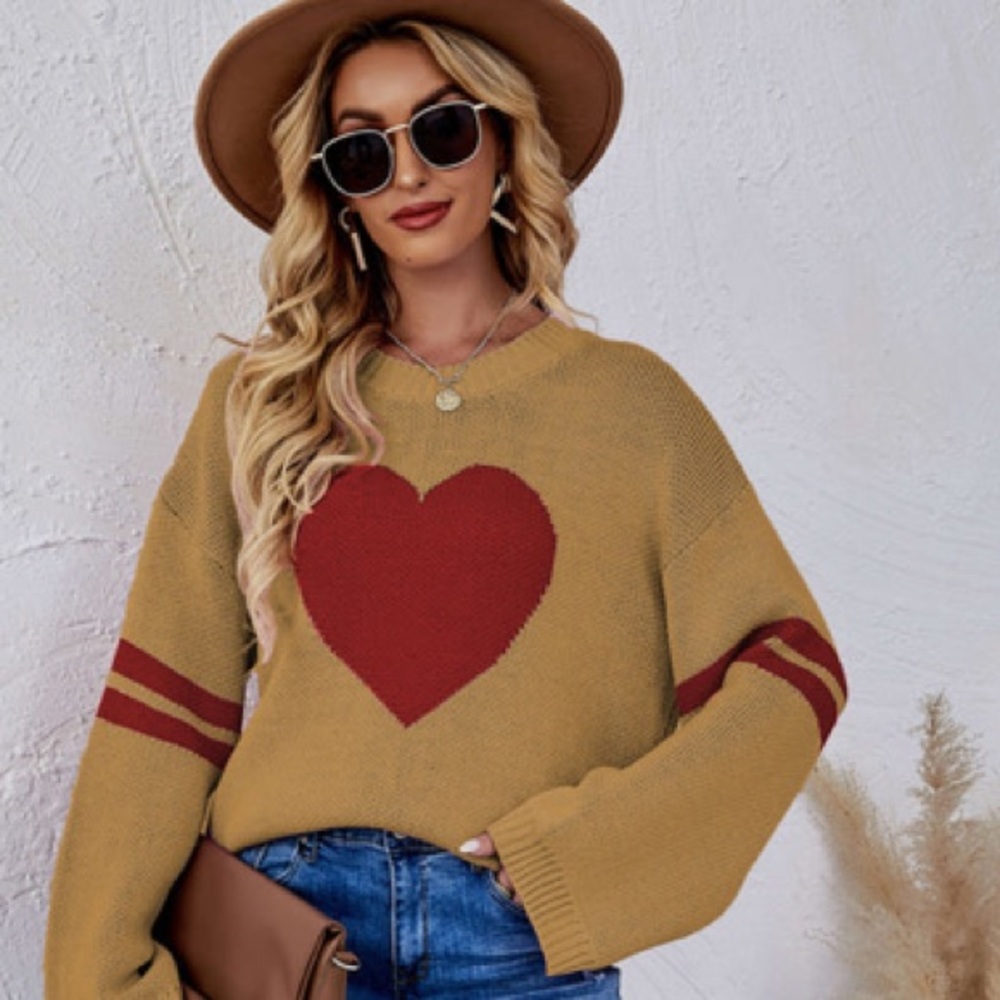 Cozy Tan Sweater with a bold Red heart and Stripes